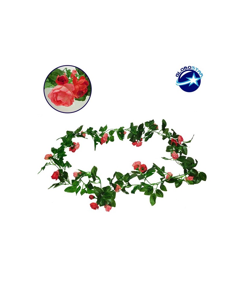 GloboStar® 09011 Τεχνητό Κρεμαστό Φυτό Διακοσμητική Γιρλάντα Μήκους 2.2 μέτρων με 32 X Μικρά Τριαντάφυλλα Ροζ Κοραλί